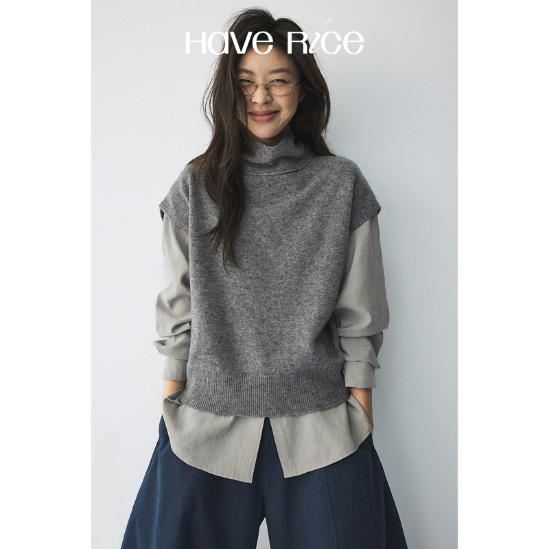 Haverice Restaurant 100% Wool Soft Ribbon Scarf High-Neck Multi-Wear Smart Short-Sleeved Sweater Vest Haverice Restaurant 100% Wool Soft Ribbon Scarf High-Neck Multi-Wear Smart Short-Sleeved Sweater Vest