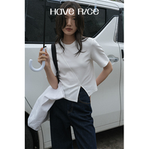 HAVERICE Dining Hall Personality Division Line Small Crowddesign Sensation White Short Sleeves Slim Tall Waist Short t-shirt Female Summer