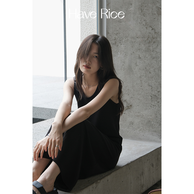 HAVERICE Dining Hall Summer Trendy Fine Stack Wearing B Elastic Knit Harness Vest Skirt Long Skirt Dress Woman
