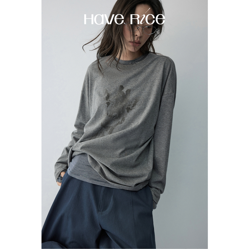 Haverice Restaurant Giraffe t 100% Combed Cotton Beaded Animal Print Retro Lazy Long-Sleeved Top
