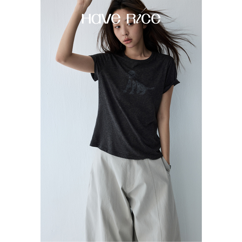 Haverice Restaurant Spotted Dog t Tencel Cotton Variegated Original Crayon Print Regular Shoulder Round Neck Short Sleeve T-Shirt