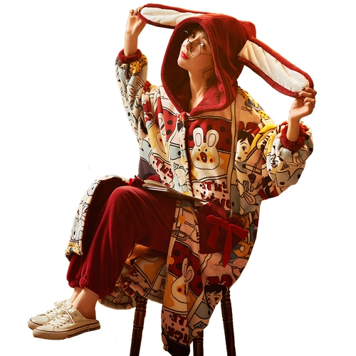 Коралловая бархатная демисезонная пижама, флисовый длинный зимний комплект, фланелевый банный халат, увеличенная толщина