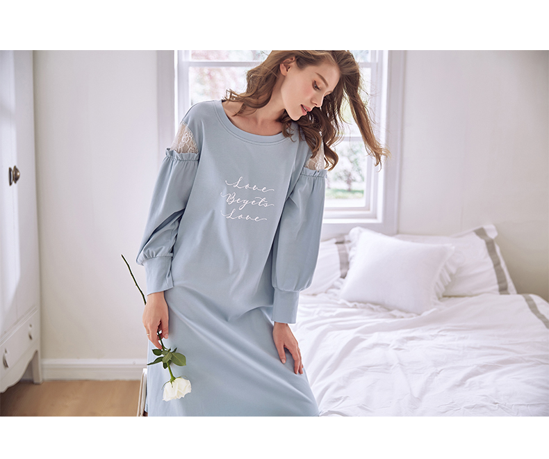 Jing Yun cotton váy ngủ nữ mùa thu dài tay áo cổ tròn mùa xuân tươi cô gái dễ thương lỏng đầm dịch vụ nhà váy ngủ đẹp