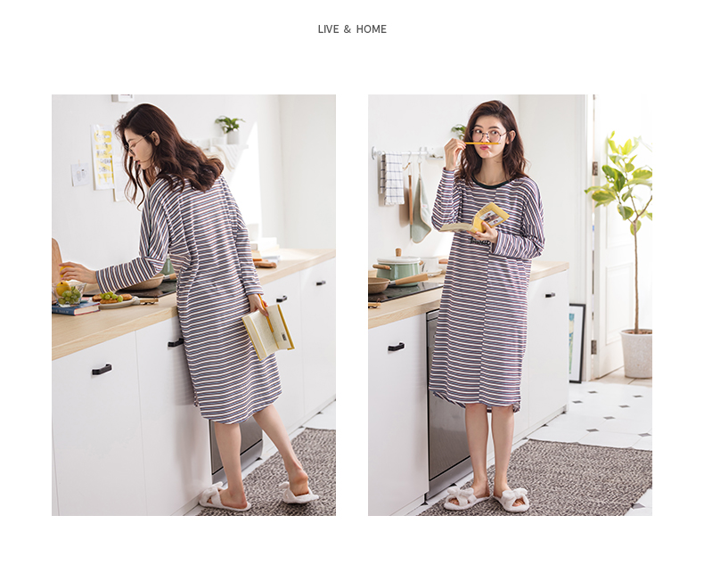 Jing Yun mới váy ngủ nữ mùa thu cotton dài tay nữ phục vụ nhà mùa xuân đơn giản sọc cổ áo ngủ váy đầm mặc nhà trung niên