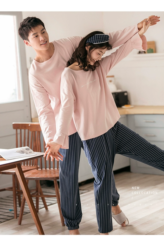 Jing Yun vài bộ đồ ngủ mùa thu dài tay áo cotton nữ dịch vụ nhà đơn giản sọc cổ tròn cotton nam