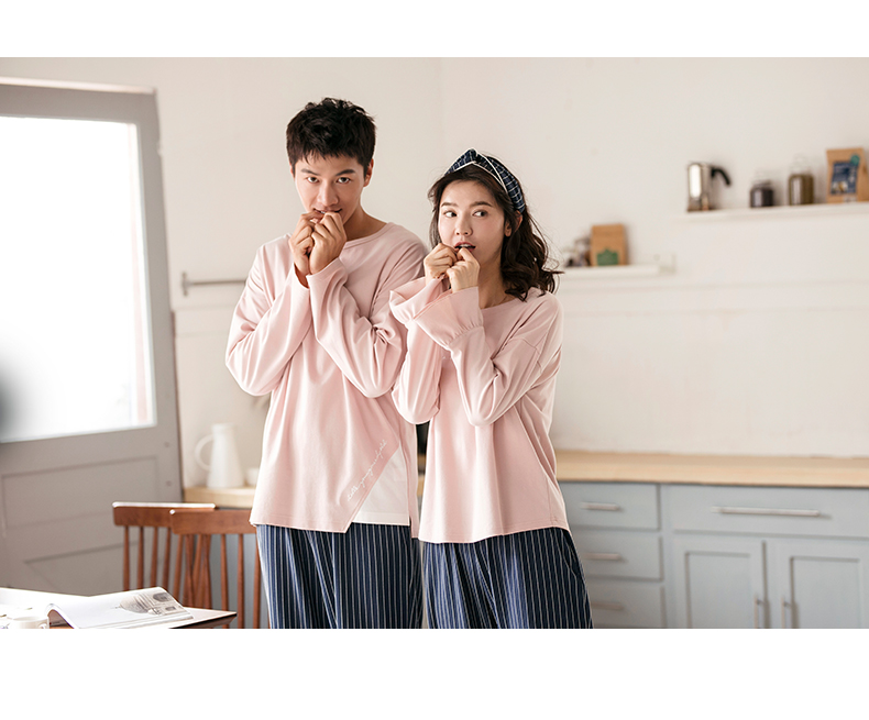 Jing Yun vài bộ đồ ngủ mùa thu dài tay áo cotton nữ dịch vụ nhà đơn giản sọc cổ tròn cotton nam những bộ jumpsuit đẹp nhất