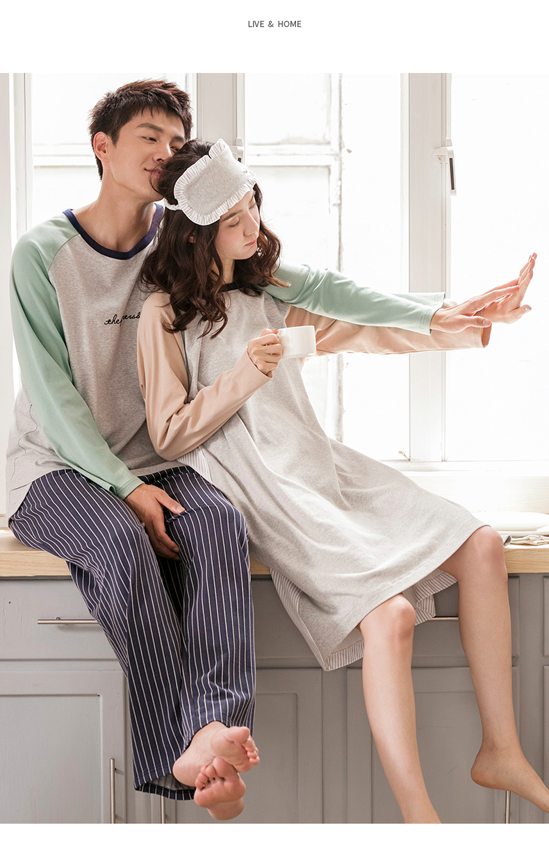 Jing Yun mới mùa thu vài bộ đồ ngủ cotton dài tay lỏng lẻo phụ nữ váy ngủ sọc đơn giản dịch vụ nhà nam bộ mặc nhà thu đông