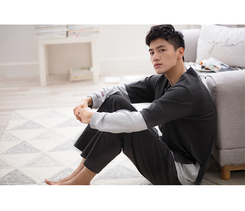 Jing Yun mới đồ ngủ cotton nam đơn giản quần áo dài tay tại nhà mùa thu và mùa đông cotton có thể được mặc bên ngoài phù hợp với dịch vụ nhà bộ mặc nhà