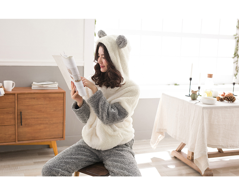 Jing Yun đồ ngủ mùa đông của phụ nữ dài tay san hô nhung phụ nữ dày ấm áp trùm đầu dịch vụ nhà quần phù hợp với flannel đồ bộ mặc nhà cao cấp