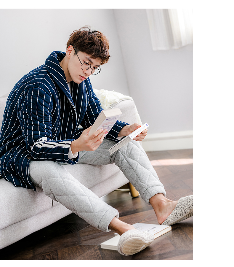 Jing Yun mới mùa đông vài bộ đồ ngủ dày đan ấm bông phục vụ nhà nam và nữ tay áo dài có thể được mặc bên ngoài phù hợp đồ ngủ nam thu đông