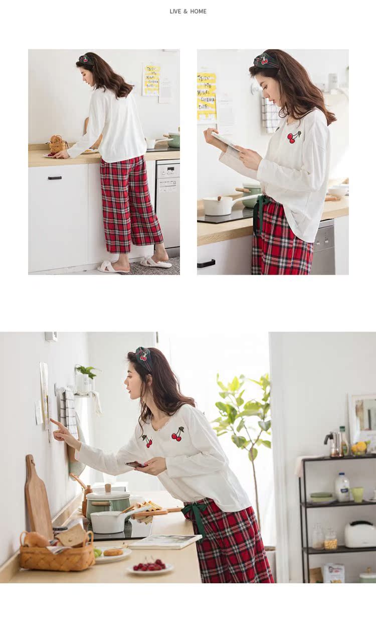 Jing Yun mới đồ ngủ nữ mùa thu cotton dài tay nhà dịch vụ phù hợp ngọt ngào lỏng lưới rộng chân phụ nữ nhà quần áo - Bên ngoài ăn mặc đồ bộ kiểu mới