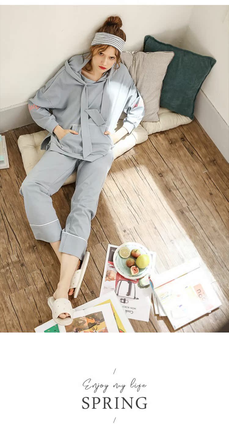 Jing Yun 2019 new xuân nữ đồ ngủ cotton dài tay nữ dịch vụ nhà mũ trùm đầu thể thao lỏng lẻo - Bên ngoài ăn mặc các kiểu đồ bộ mặc ở nhà đẹp