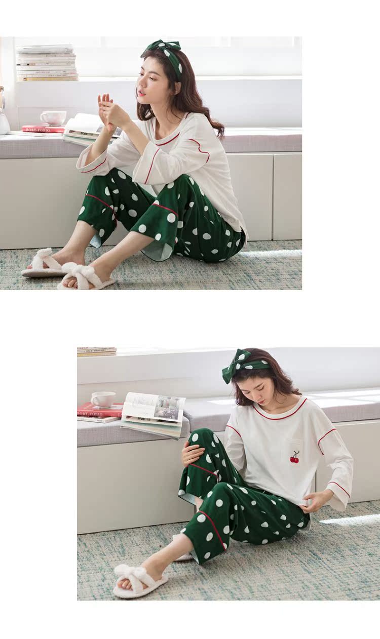 Jing Yun đồ ngủ mới của phụ nữ mùa thu cotton cổ tròn dài tay quần áo nhà ngọt ngào dễ thương quần tây phục vụ nhà phụ nữ - Bên ngoài ăn mặc các kiểu đồ bộ ống rộng đẹp