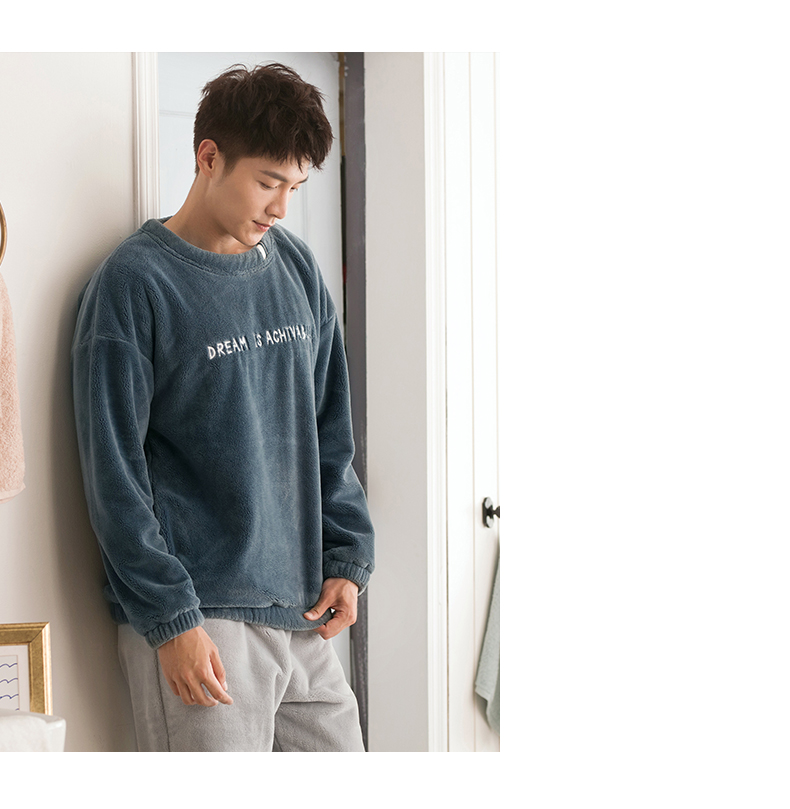 Jing Yun mùa thu và mùa đông san hô nhung đồ ngủ nam dày ấm dài tay cổ tròn dịch vụ nhà có thể được mặc bên ngoài hai mảnh nam pijama nam