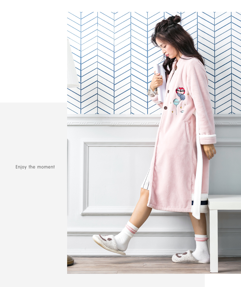 Jing Yun mới đồ ngủ lông cừu dày san hô nữ mùa đông Phiên bản Hàn Quốc của người phụ nữ áo ngủ flannel dịch vụ nhà ấm áp áo choàng tắm đồ pijama