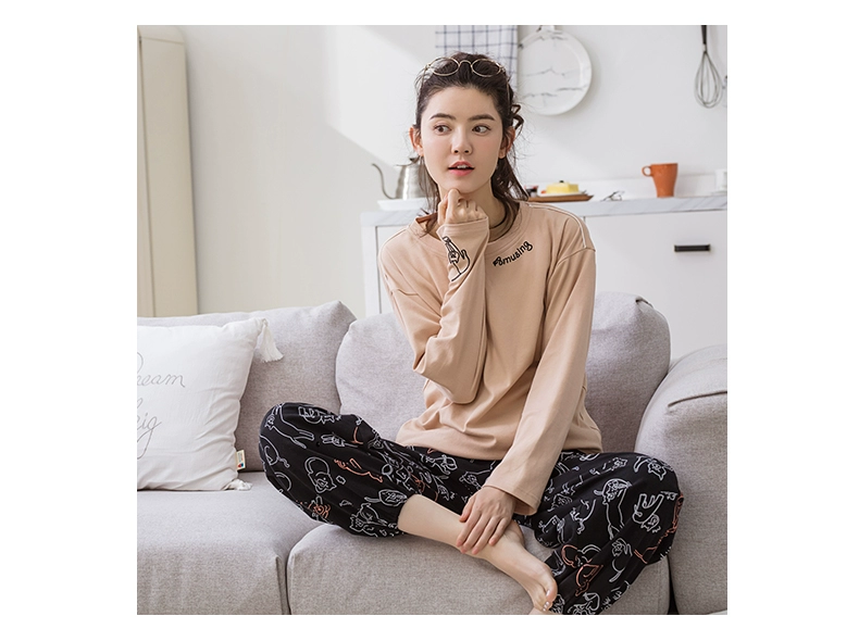 Jing Yun 2018 xuân đôi cotton đồ ngủ thời trang cổ tròn nữ dịch vụ nhà đơn giản phim hoạt hình nam phù hợp với mùa thu - Bên ngoài ăn mặc