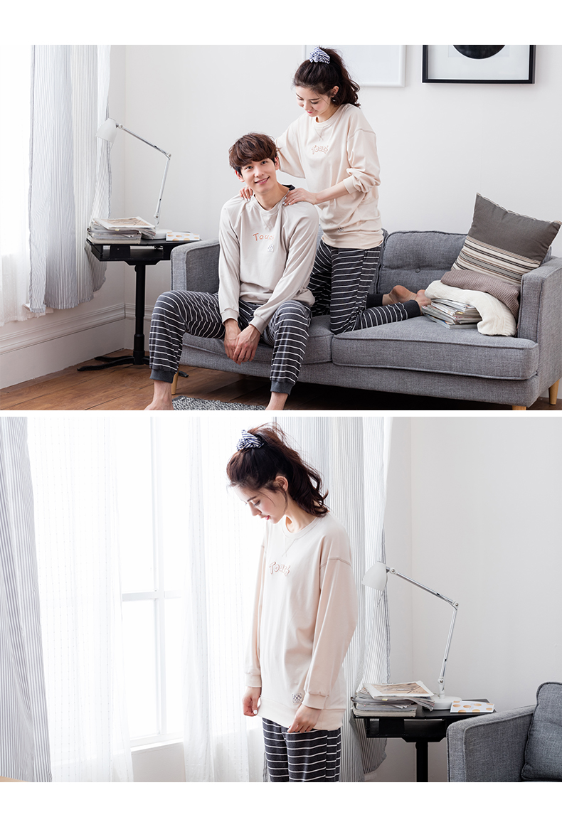 Jing Yun mới vài bộ đồ ngủ mùa xuân và mùa thu dài tay cotton đơn giản nhà quần áo nam phiên bản Hàn Quốc của bộ đồ nữ phục vụ sọc đồ bộ đẹp 2021