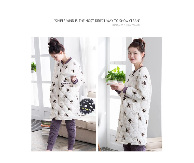 Jing Yun mùa đông đồ ngủ phụ nữ dày ba lớp bông và bông phụ nữ dài tay dễ thương dễ thương phù hợp với dịch vụ nhà