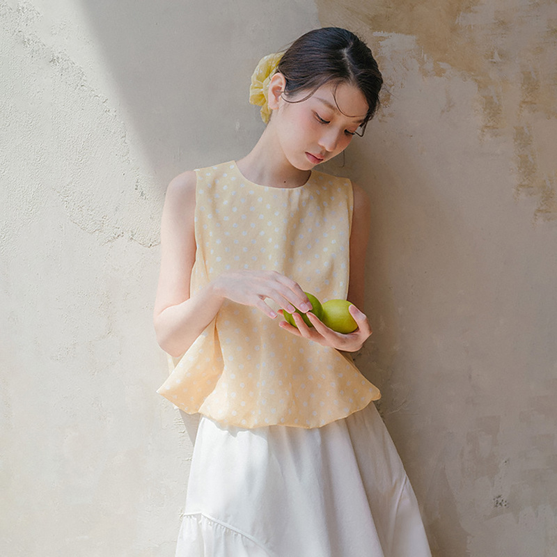 Blushwhite Yellow Polka Dot Sleeveless Flower Bud Vest Top