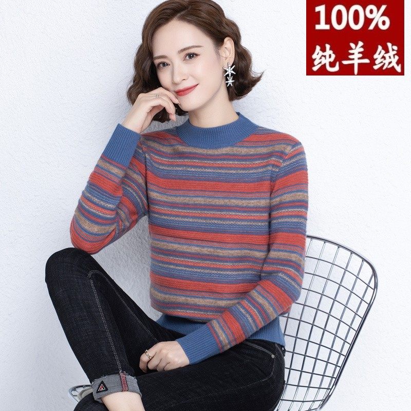 100 pure cashmere knitted sweater women's mother's clothing thickened and enlarged striped half turtleneck wool sweater jacket winter new
