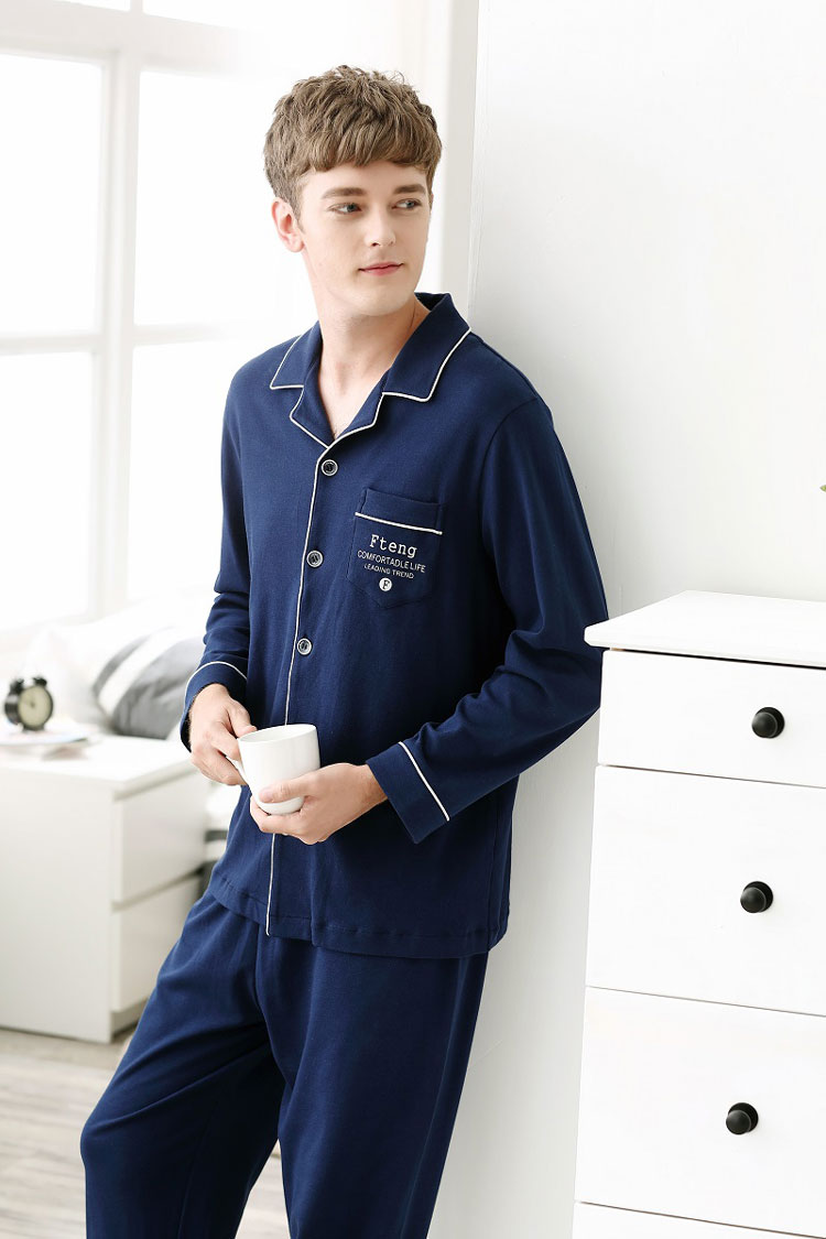 Bộ đồ ngủ mùa thu Fen Tengchun nam dài tay 100% cotton nam trung niên XL cotton mùa thu phù hợp với dịch vụ gia đình quần ngủ nam dài