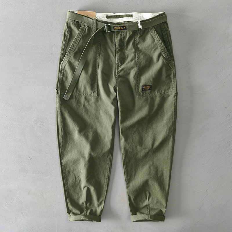 Spring and Summer Loose Straight-Leg American-Style Work Pants for Men, Casual Retro Pure Cotton Trousers with Belt, High-End Pants