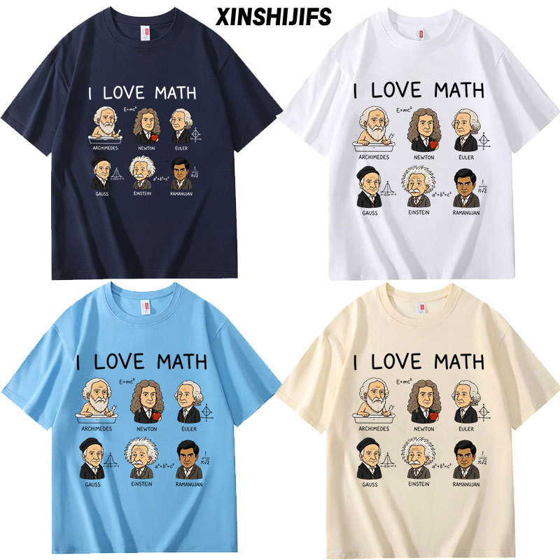 Ilovemath Short-Sleeved T-Shirt for Men and Women, Creative and Interesting Mathematician Cartoon Pure Cotton Top, Summer Student Versatile Shirt