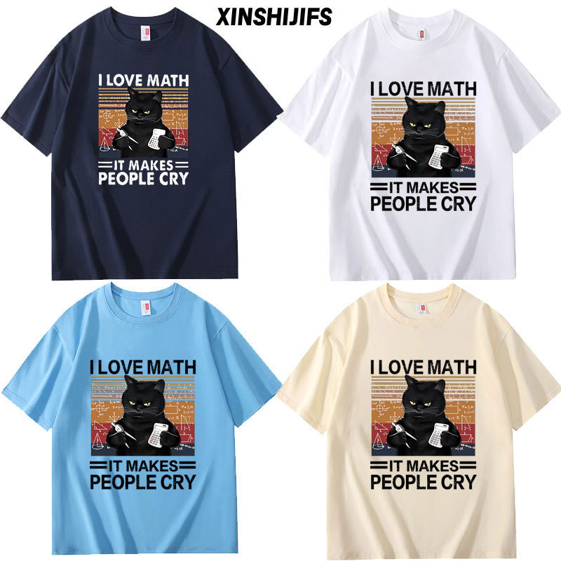I Love Math Fun Cat Print Short-Sleeved T-Shirt for Men and Women, Summer Loose and Personalized Top, Trendy Brand Pure Cotton