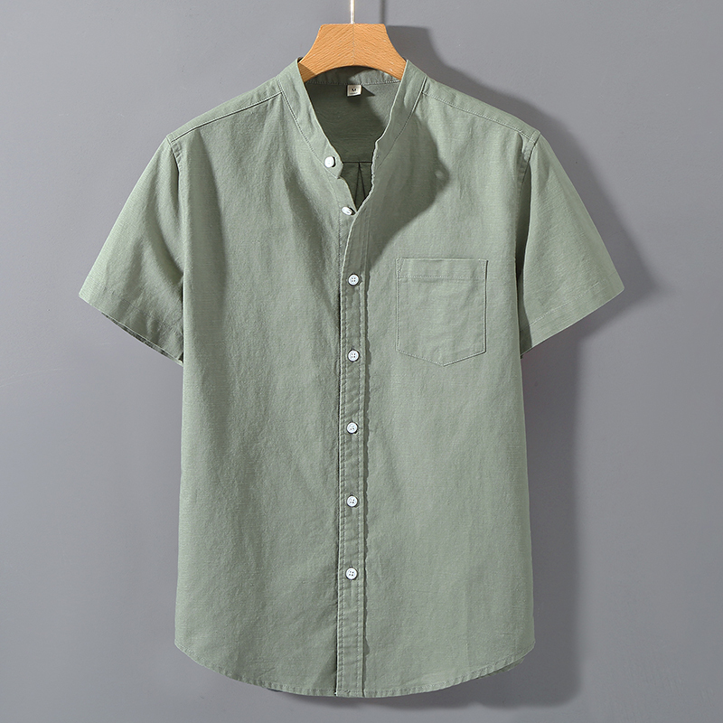 Summer Chinese Style Linen Short-Sleeved Shirt for Men, Stand-Up Collar Casual Top, Thin Loose Youth Half-Sleeved Cotton and Linen Shirt