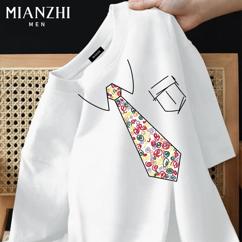 Cotton Zhou Xingchi Style Tie Short-Sleeve T-Shirt for Men 2026 Summer Pure Cotton Fun Loose Trendy Brand Top