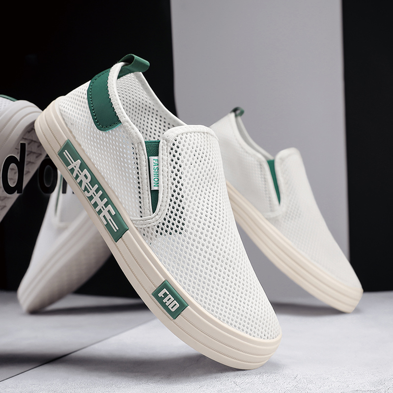 Summer Men's Flat Sneakers Without Laces, Single-Layer Mesh Casual Shoes, Large Mesh Hollow Hole Shoes, Breathable Sandals