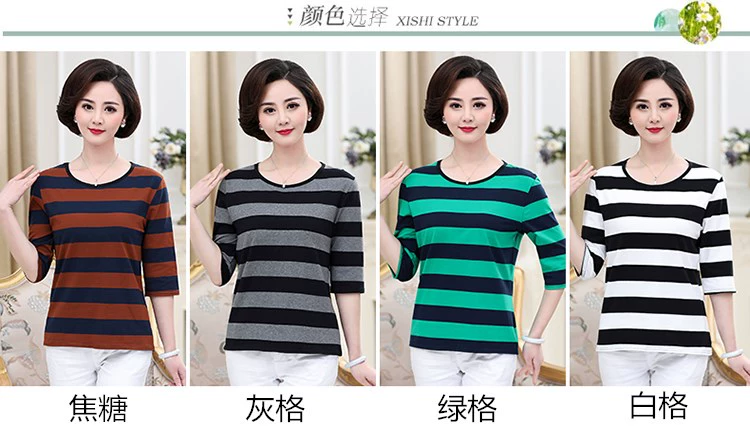 Áo mẹ mùa xuân và quần áo cotton ba phần tư tay áo thun rộng rãi cho người trung niên và phụ nữ lớn tuổi áo sơ mi cotton sọc lớn - Quần áo của mẹ