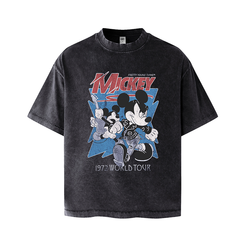 Pyt Mickey Parody David Bowie American Washed Vintage Print T-Shirt Short Sleeve Small Neckline Vintage Distressed