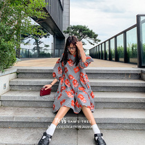  (new style)Sensu patch floral plaid dress female 2020 autumn mid-length bubble sleeve thin skirt