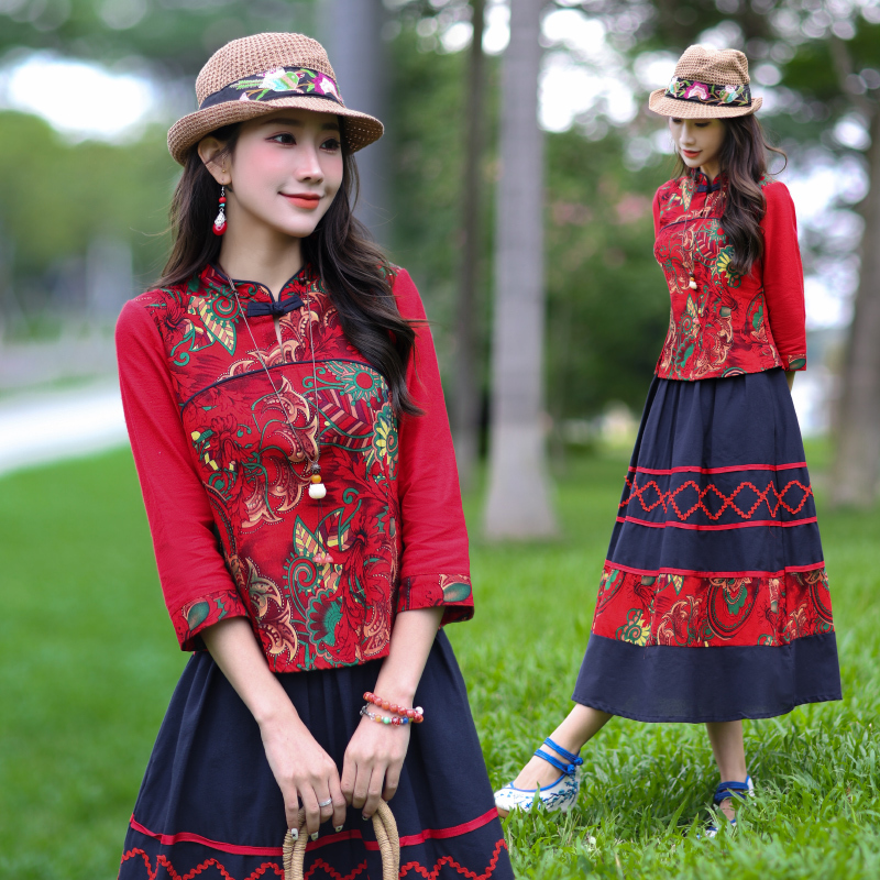 Ethnic Style Cotton and Linen Printed Two-Piece Set 2023 Spring and Summer New Chinese Style Retro Women's Stand-Up Collar Slim Skirt Suit