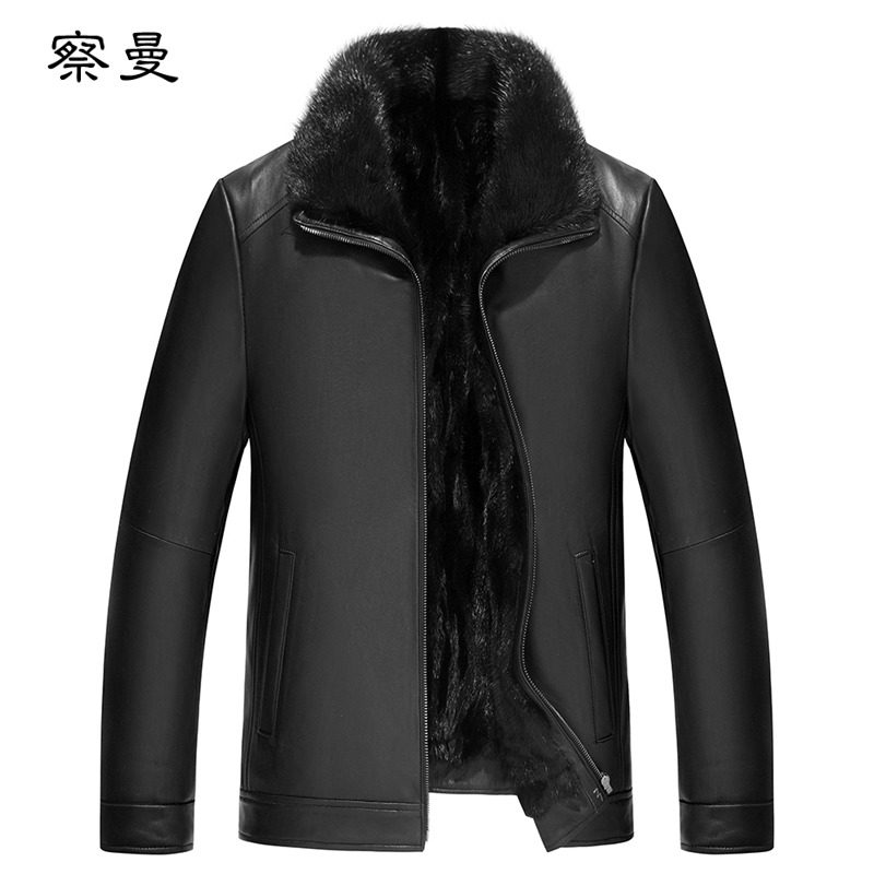 Haining genuine leather jacket men's mink inner bile fur all-in-one middle-aged dad outfit plus velvet thick fur winter coat
