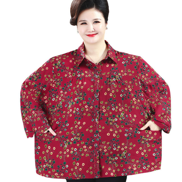 Spring 200Jin [Jin is equal to 0.5kg] Fat mother's clothes plus fat XL women's middle-aged and elderly shirts 50-60 years old cotton grandma tops