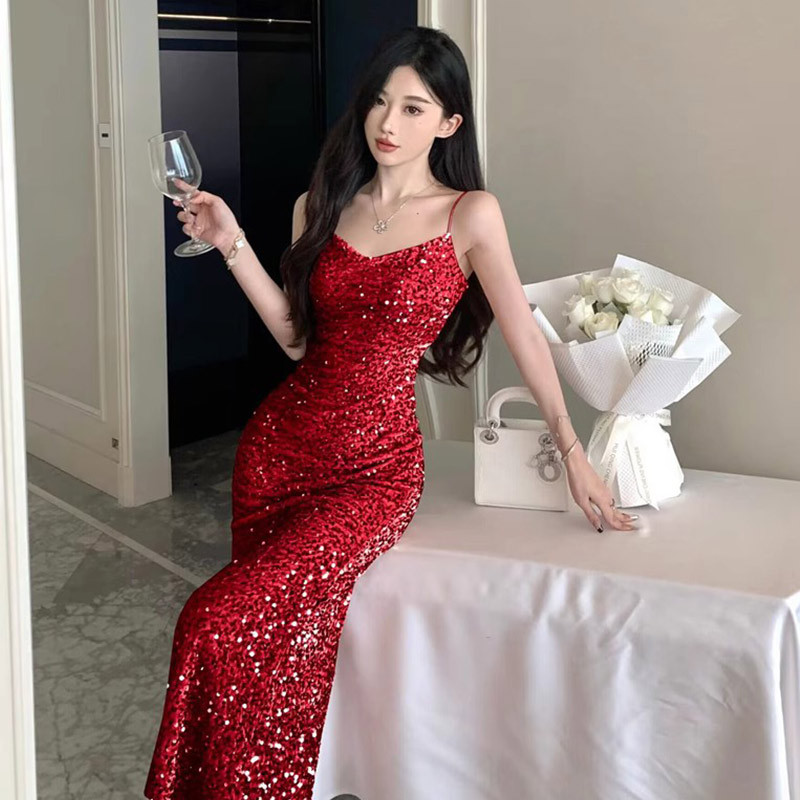 Red Sequin Evening Dress for Women, High-End New Year's Party Banquet, Gold Velvet Sexy Long Fishtail Suspender Dress