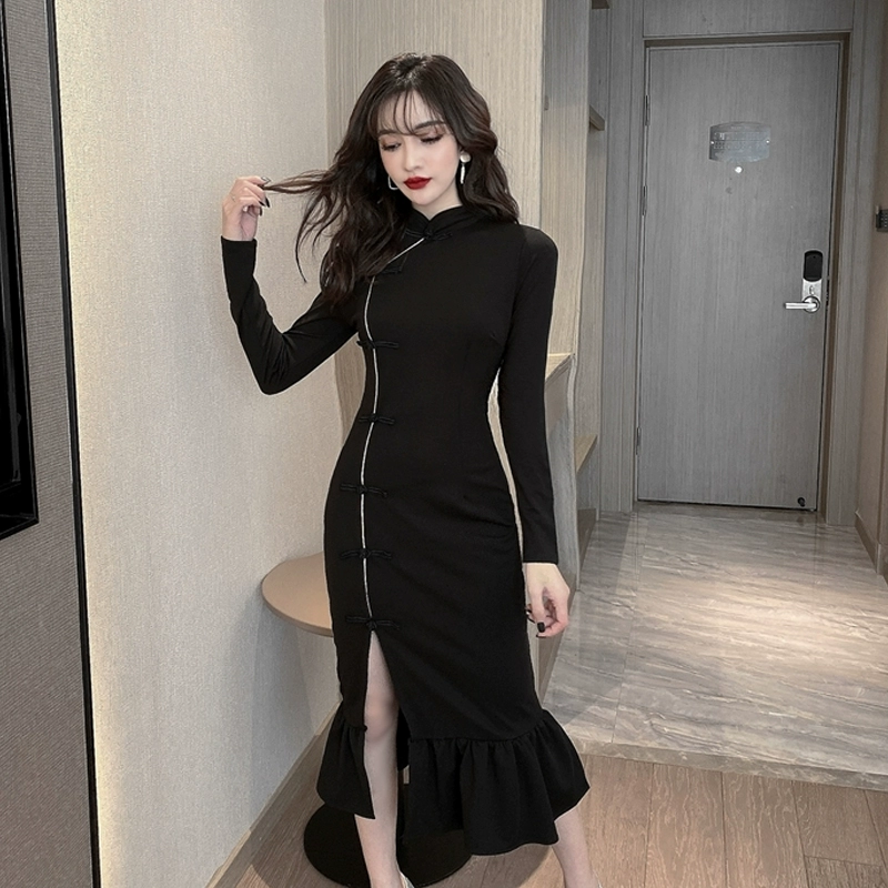 Phong cách Cộng hòa của phụ nữ khí chất retro Trung Quốc phong cách cô gái mảnh mai gợi cảm giữa dài sườn xám phiên bản cải tiến trang phục - váy đầm