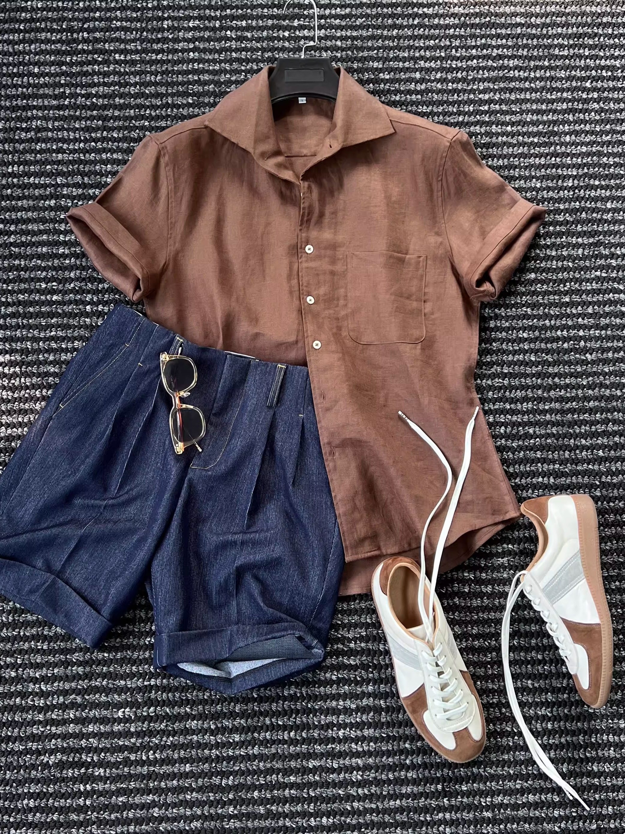 CssuGent那不勒斯皇后 时尚温莎领 100%亚麻短袖衬衫男绅士衬衣潮