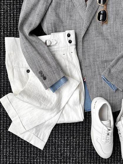 CssuGent定制级人字纹棉麻无结构西服男士休闲商务通勤平驳领西装