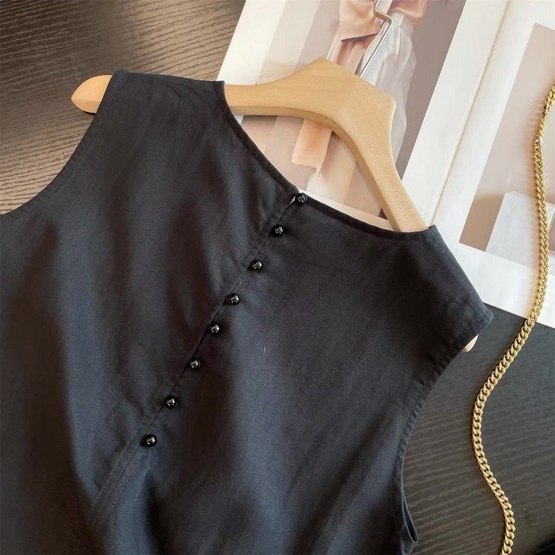 Large Size Minimalist Black Sleeveless Vest with Mushroom Buttons, Linen Vest Dress, Loose Fit, Slimming, Drapey Little Black Dress