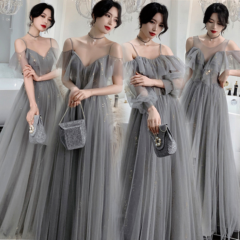 Bridesmaid Dress for Banquet 2026 New Style Gray Tulle Skirt Color Matching Sisterly Elegant High-End Long Niche Bridesmaid Dress