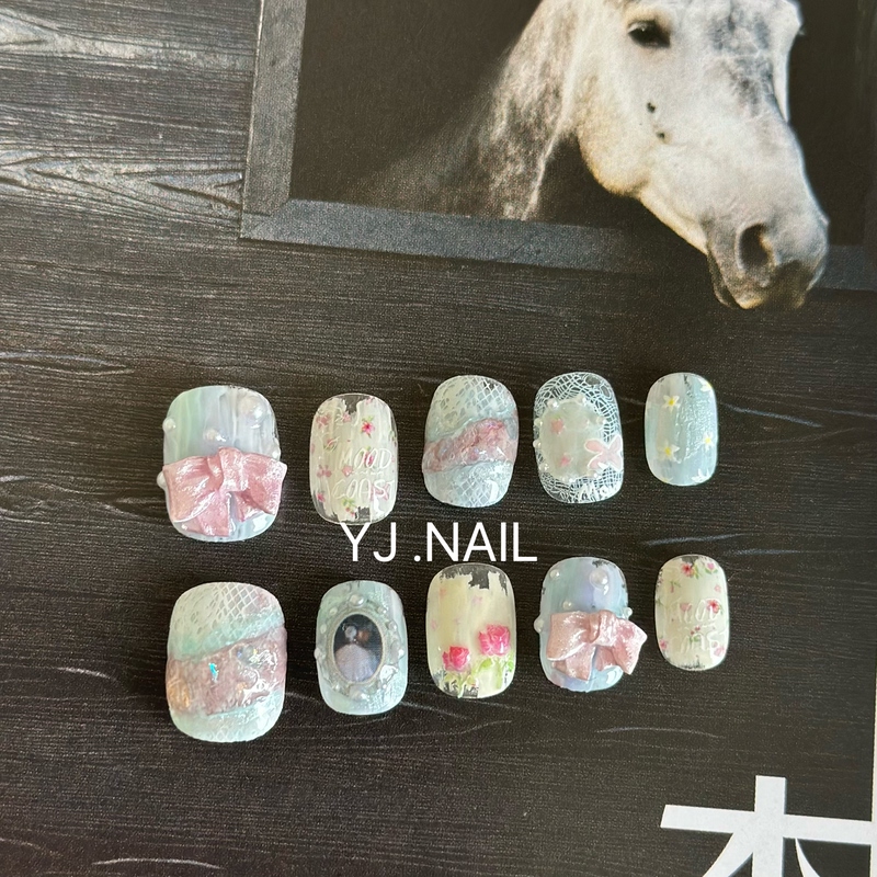 Yj Handmade Wearable Nails, Pastoral Oil Painting Style ins Niche Design, Floral Bow, High-End Spring Manicure