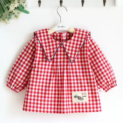 Kasi Kaki new doll collar plaid daughter children autumn and winter pure cotton waterproof overcoat baby eating bib inverted coat