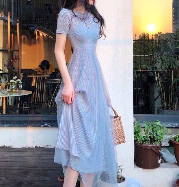 VK旗艦店 韓系針織網紗高腰甜美仙女短袖洋裝