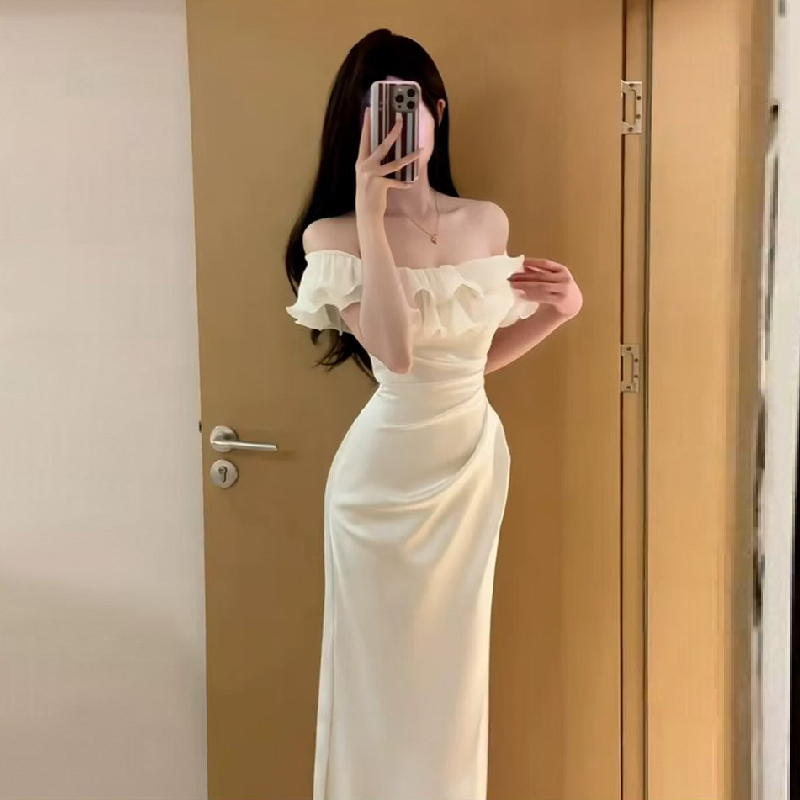 French-Style Elegant Ladylike Ruffled Off-Shoulder Dress for Women, High-End Waist-Cinching Slimming Bodycon Party Dress