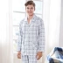 Màu xanh lá cây mùa thu mới bộ đồ ngủ nam cotton dài tay áo len nhà dịch vụ sọc lưới XL bộ nhà đồ bộ mặc nhà bằng vải thun Bộ Pajama