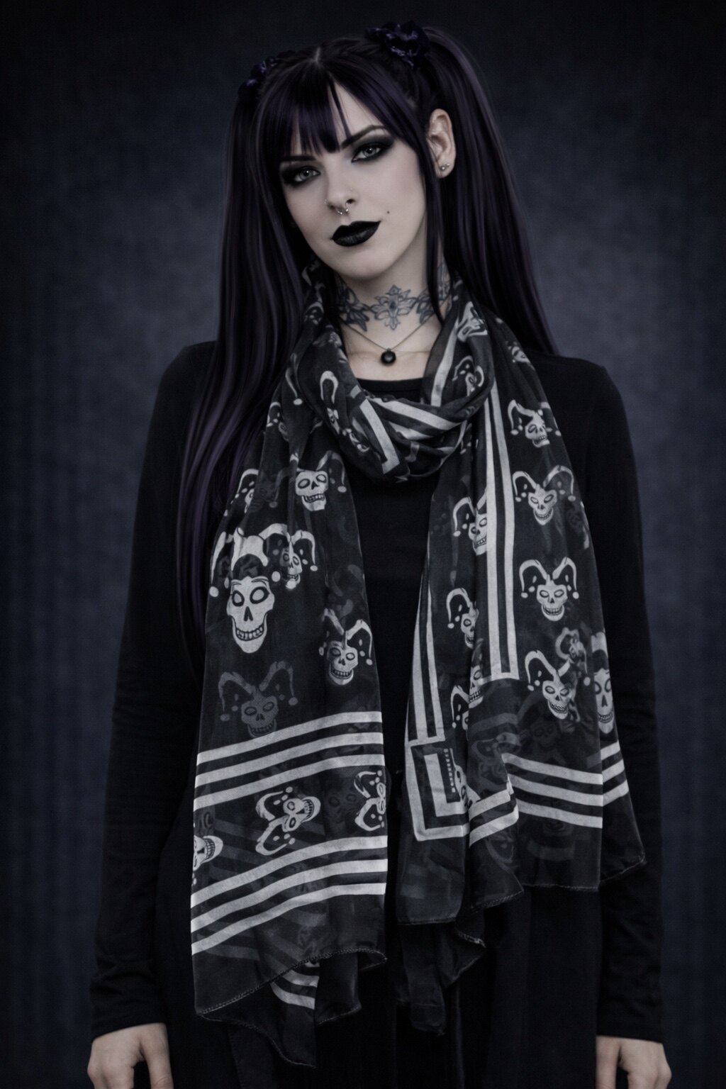 Original M Kun Kong Scarf with Clown Skull Dark Gothic Subculture Rock Street Print Silk