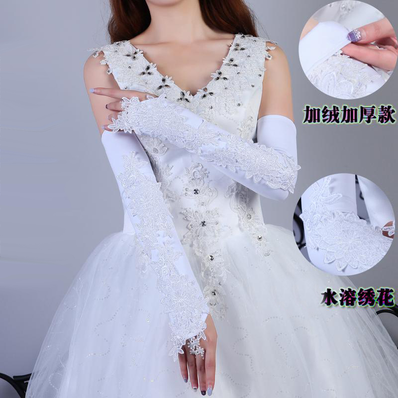 New Bride Wedding Ticking Lace Red White Wedding Gloves Autumn Winter Long Version Plus Suede Thickened With Elbows Gloves